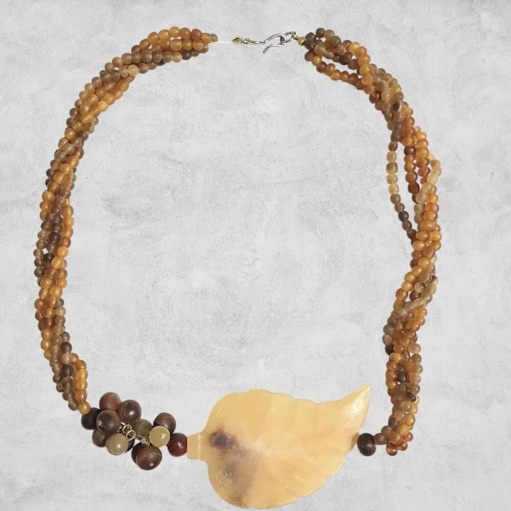 Vintage Baltic Amber Statement Necklace Brown Beige Leaf Pendant Twist Beaded